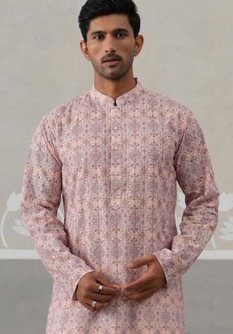 Peach Embroidery Cotton Kurta For Men