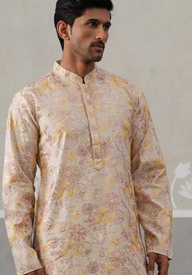 Cream Embroidery Silk Blend Kurta For Men