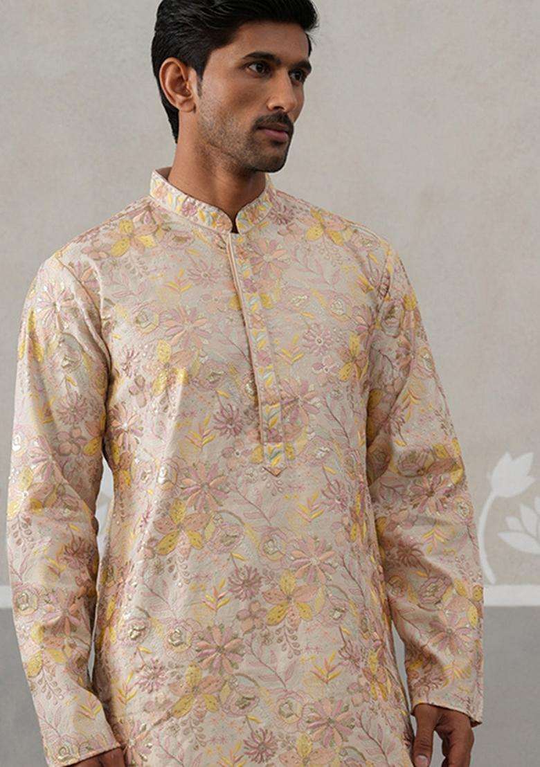 Cream Embroidery Silk Blend Kurta For Men - Indya