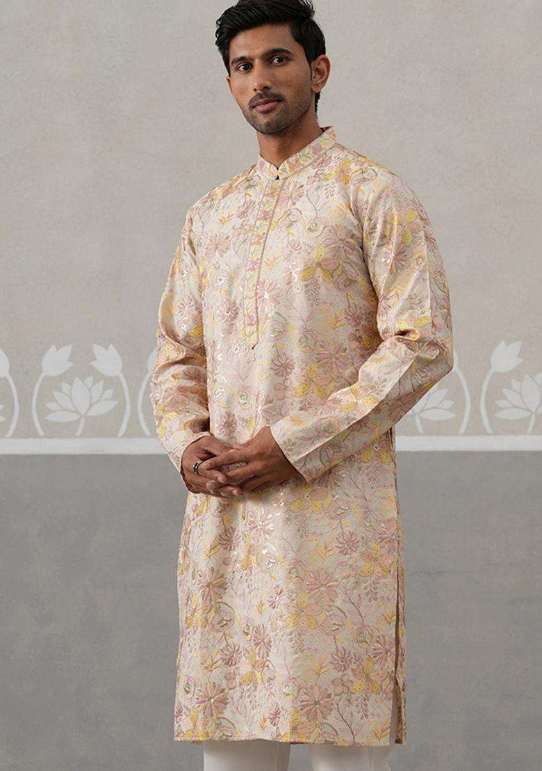 Cream Embroidery Silk Blend Kurta For Men - Indya