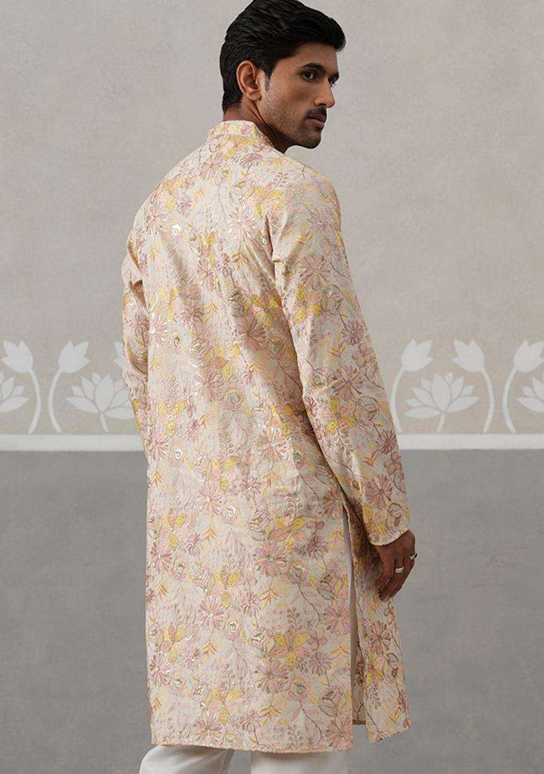 Cream Embroidery Silk Blend Kurta For Men - Indya