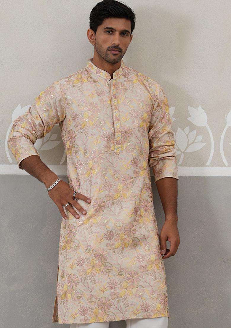 Cream Embroidery Silk Blend Kurta For Men - Indya