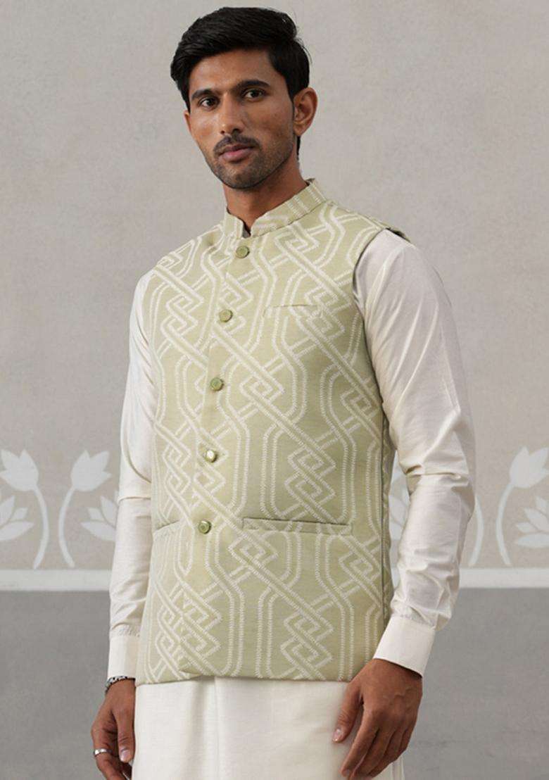 Pista Embroidery Silk Blend Waistcoat Nehru Jacket For Men - Indya