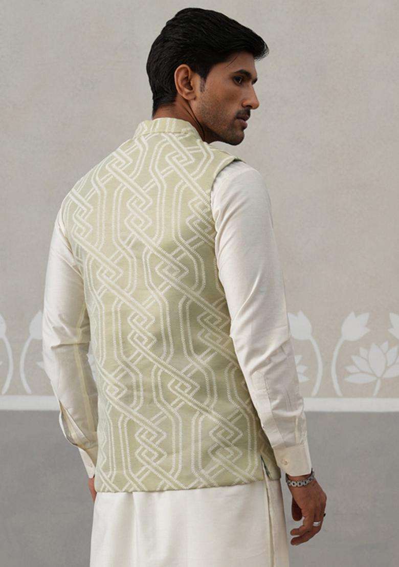 Pista Embroidery Silk Blend Waistcoat Nehru Jacket For Men - Indya