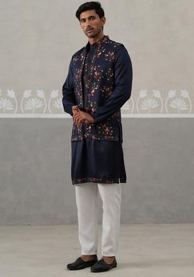 Navy Blue Embroidery Silk Blend Nehru Jacket Kurta Set For Men