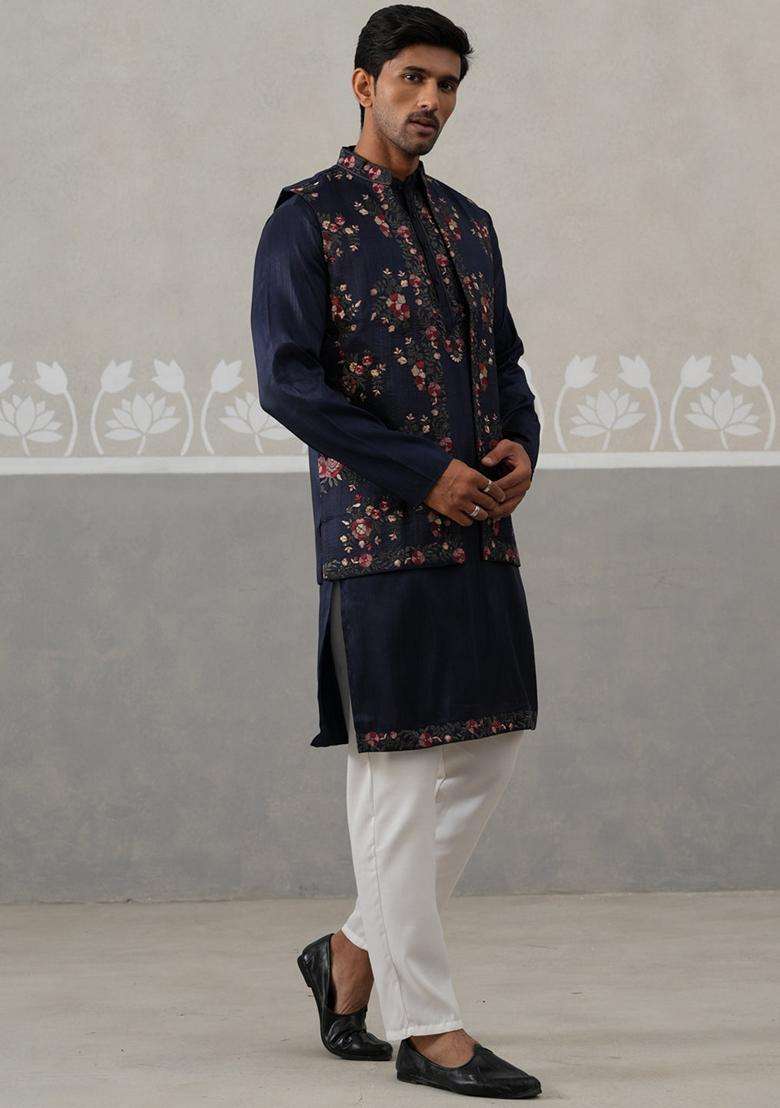 Navy Blue Embroidery Silk Blend Nehru Jacket Kurta Set For Men - Indya