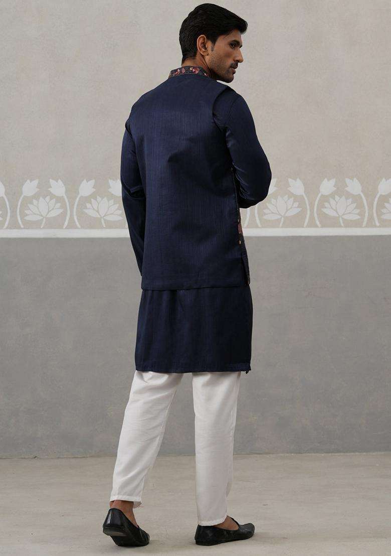 Navy Blue Embroidery Silk Blend Nehru Jacket Kurta Set For Men - Indya