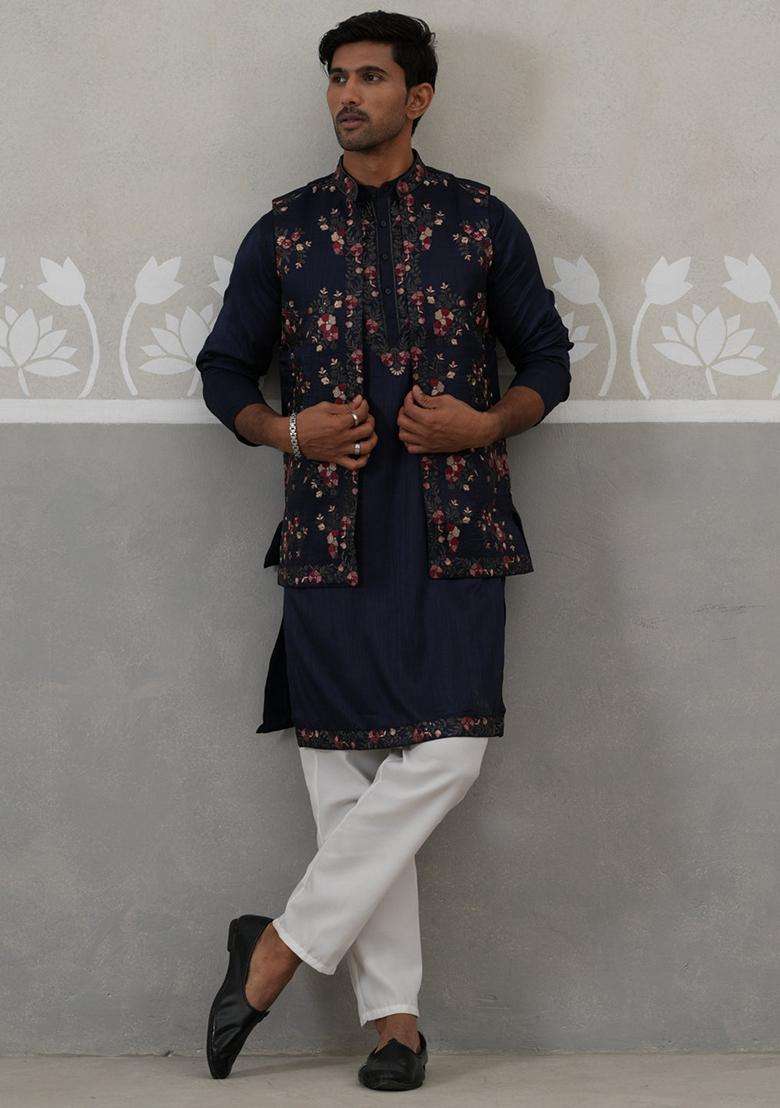 Navy Blue Embroidery Silk Blend Nehru Jacket Kurta Set For Men - Indya