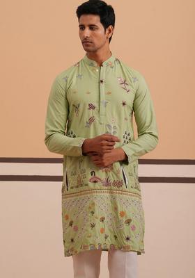 Pista Embroidery Silk Kurta Pyjama Set For Men