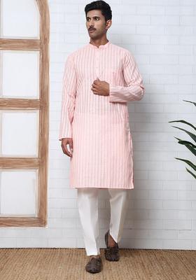 Peach Striped Cotton Kurta Pyjama Set For Men