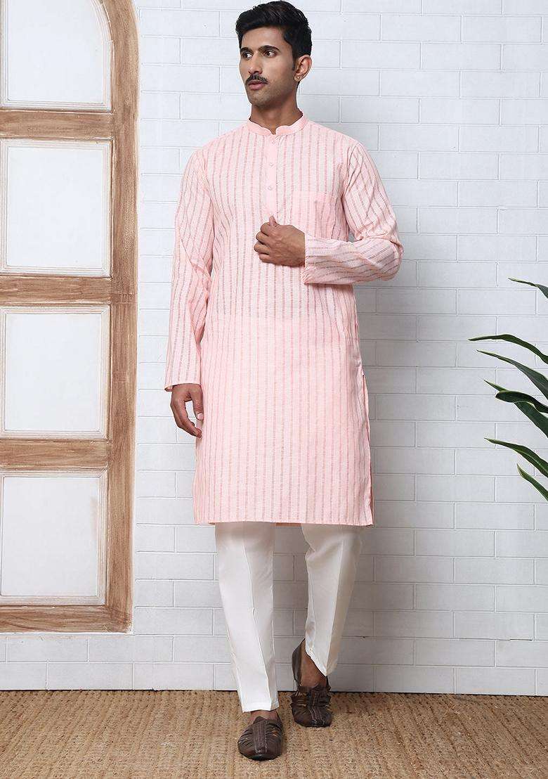Peach Striped Cotton Kurta Pyjama Set For Men - Indya