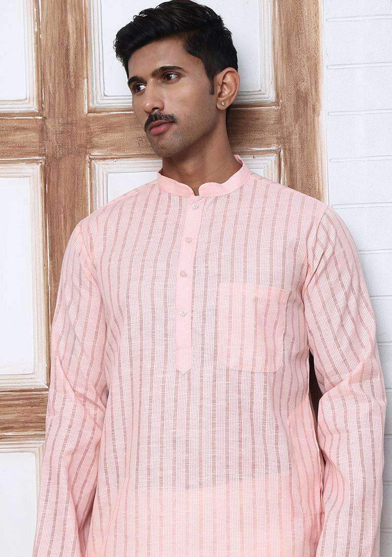 Peach Striped Cotton Kurta Pyjama Set For Men - Indya