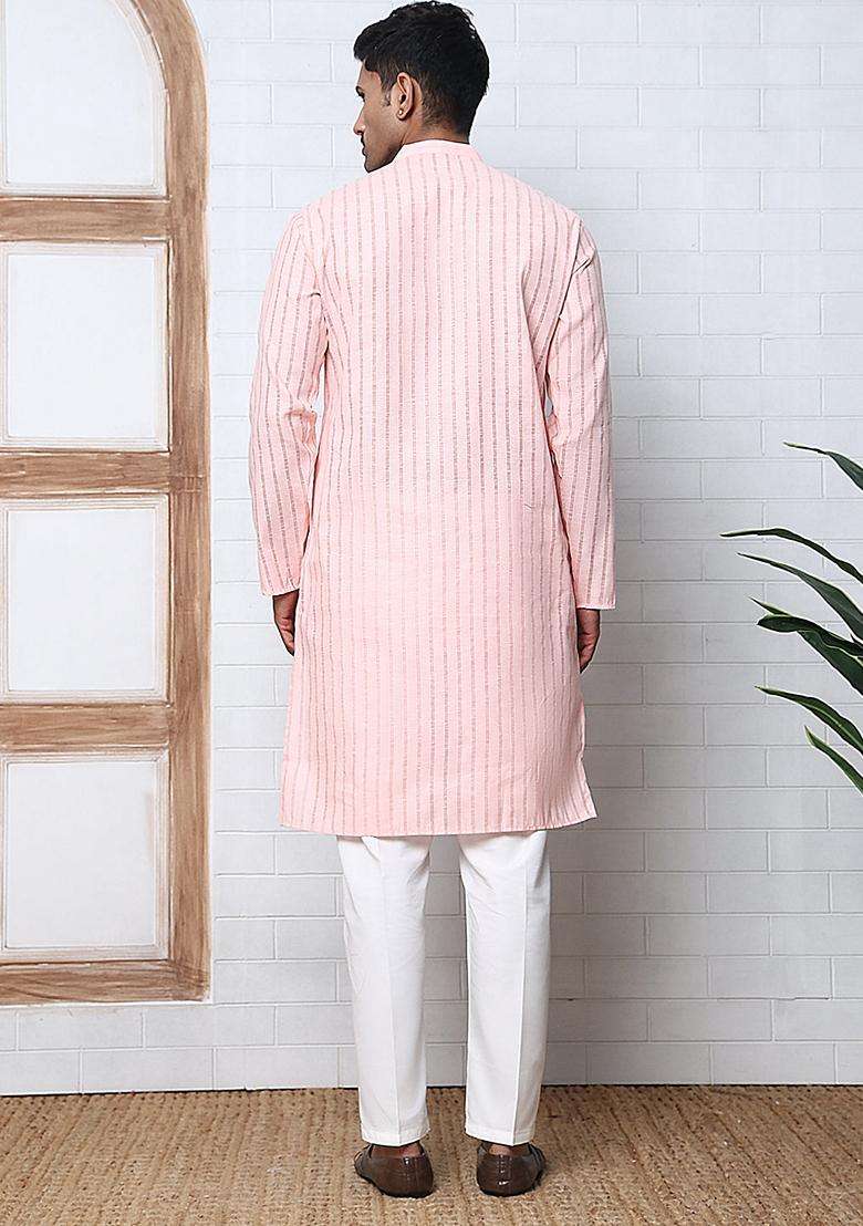 Peach Striped Cotton Kurta Pyjama Set For Men - Indya