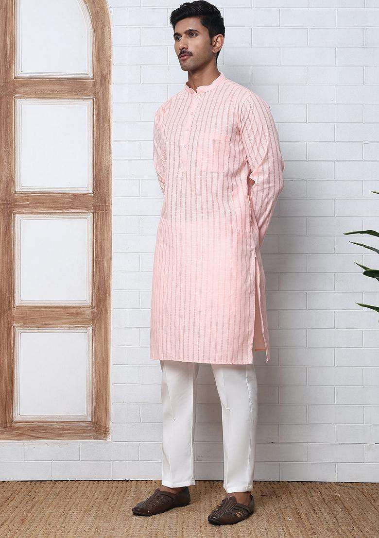 Peach Striped Cotton Kurta Pyjama Set For Men - Indya