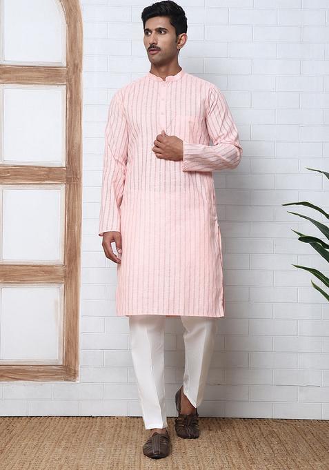 Peach Striped Cotton Kurta Pyjama Set For Men