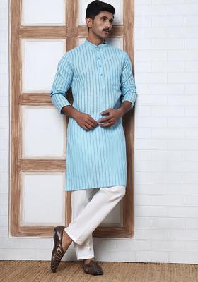 Sky Blue Striped Cotton Kurta Pyjama Set For Men