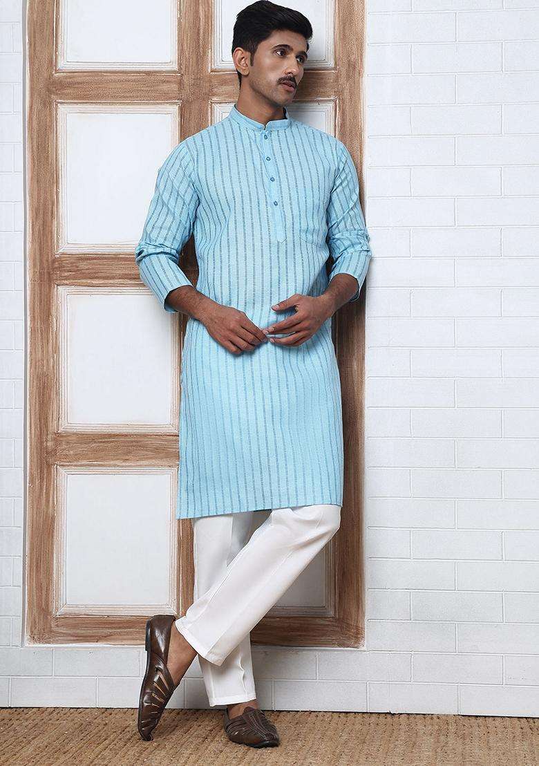 Sky Blue Striped Cotton Kurta Pyjama Set For Men - Indya