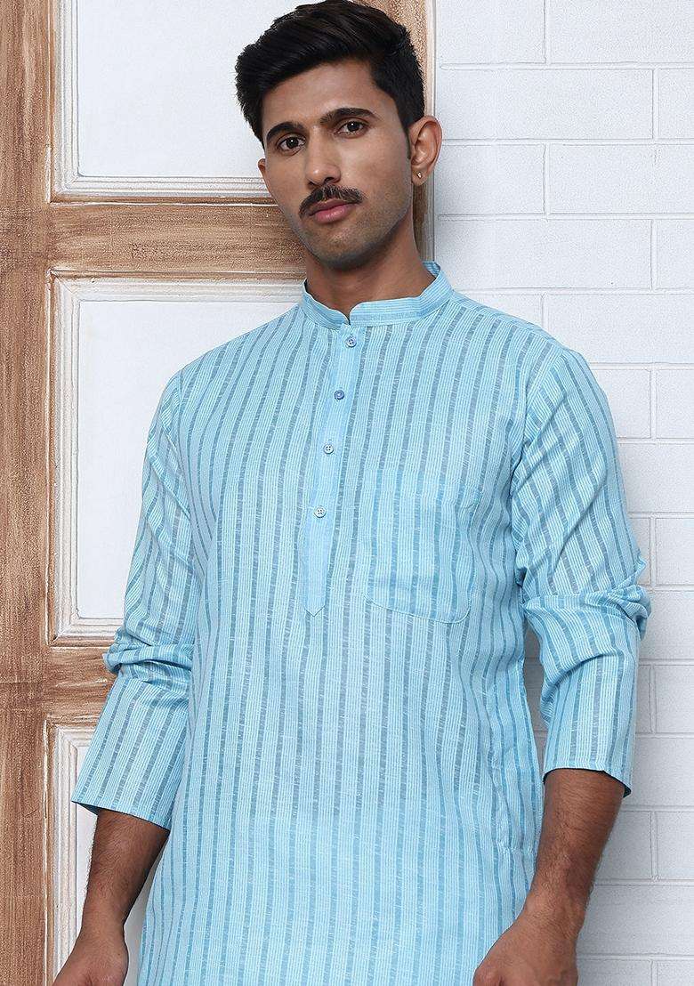 Sky Blue Striped Cotton Kurta Pyjama Set For Men - Indya