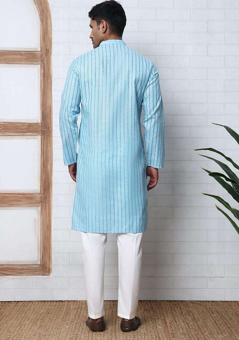 Sky Blue Striped Cotton Kurta Pyjama Set For Men - Indya