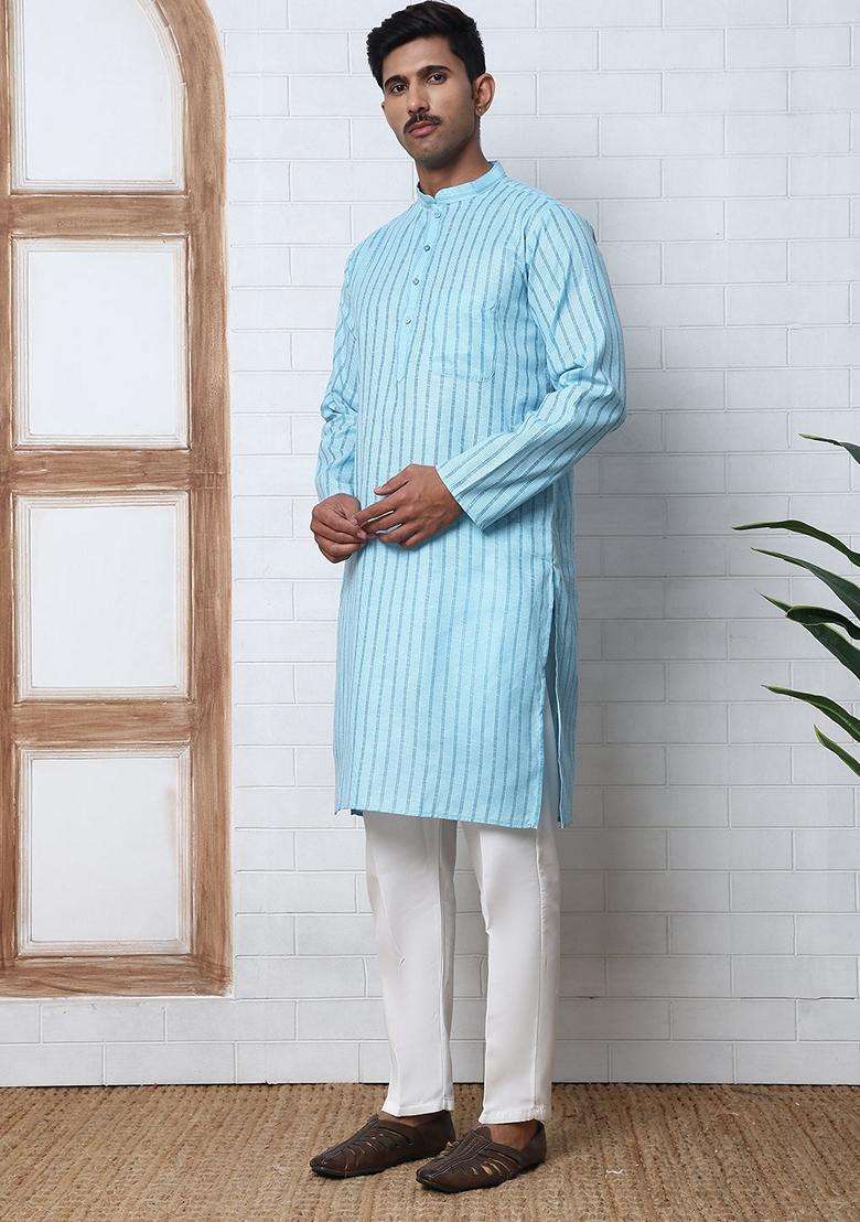 Sky Blue Striped Cotton Kurta Pyjama Set For Men - Indya