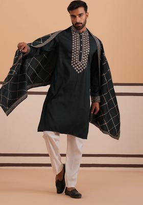 Olive Embroidery Silk Kurta Pyjama Set For Men