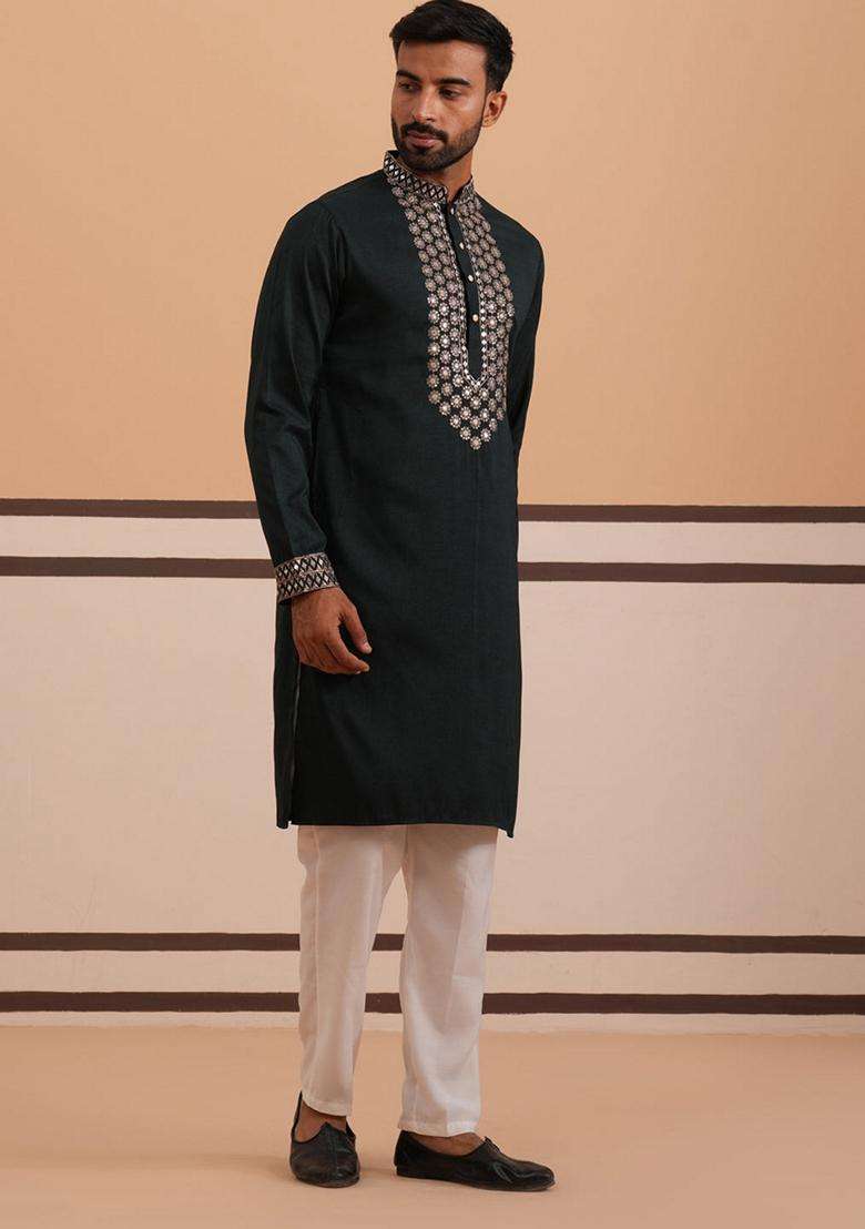 Olive Embroidery Silk Blend Kurta Pyjama Set For Men - Indya