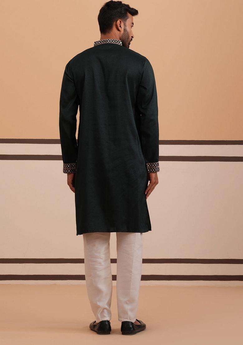 Olive Embroidery Silk Blend Kurta Pyjama Set For Men - Indya