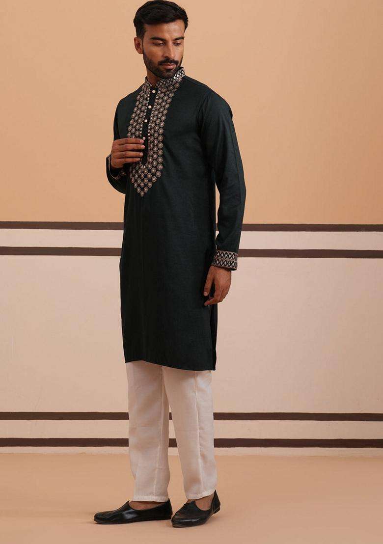 Olive Embroidery Silk Blend Kurta Pyjama Set For Men - Indya