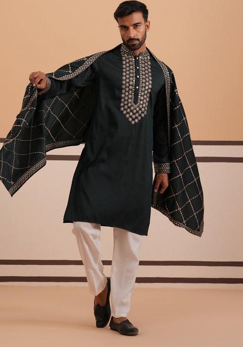 Olive Embroidery Silk Kurta Pyjama Set For Men