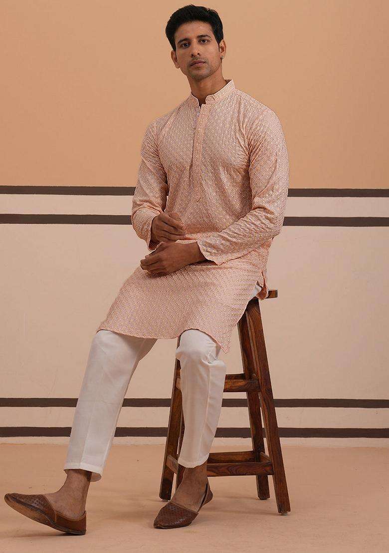 Peach Embroidery Silk Blend Kurta Pyjama Set For Men - Indya