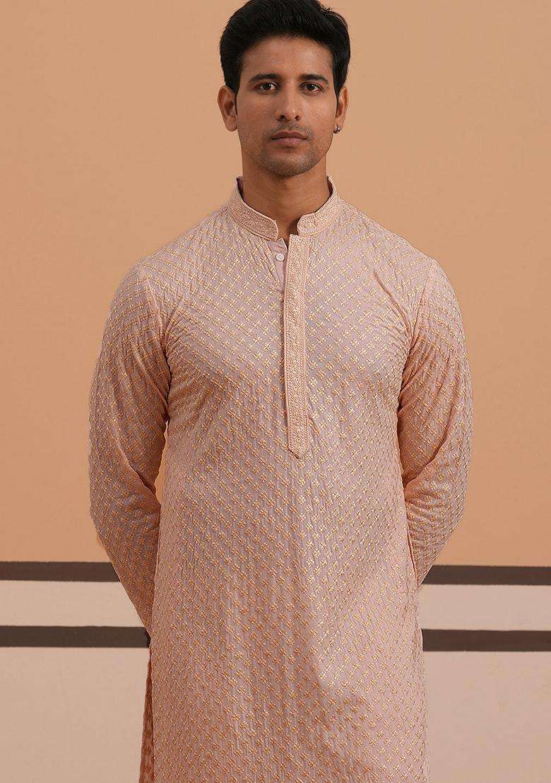 Peach Embroidery Silk Blend Kurta Pyjama Set For Men - Indya