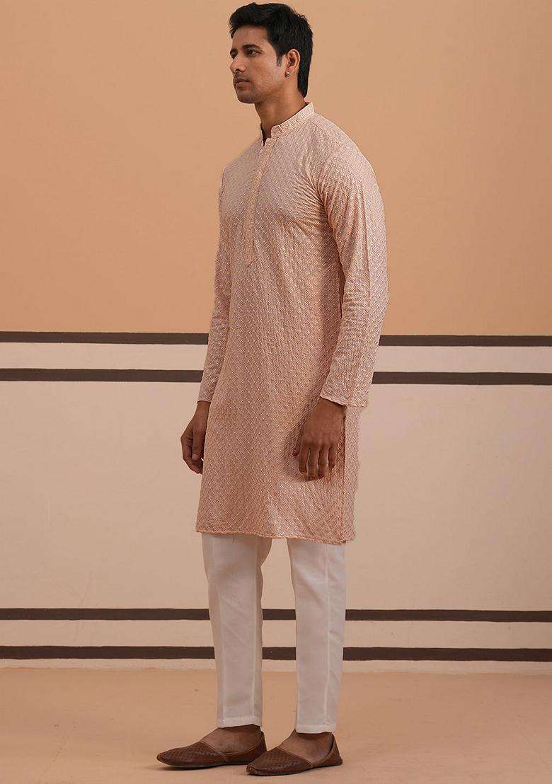 Peach Embroidery Silk Blend Kurta Pyjama Set For Men - Indya