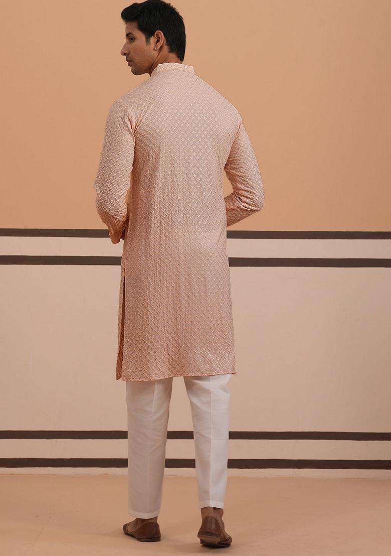 Peach Embroidery Silk Blend Kurta Pyjama Set For Men - Indya