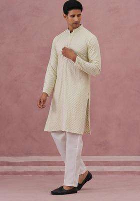 Pista Embroidery Viscose Kurta Pyjama Set For Men