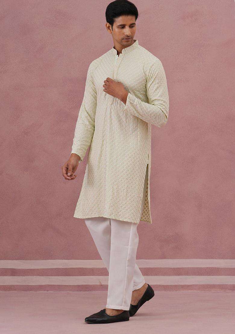 Pista Embroidery Viscose Kurta Pyjama Set For Men - Indya
