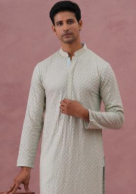Sky Blue Embroidery Viscose Kurta Pyjama Set For Men