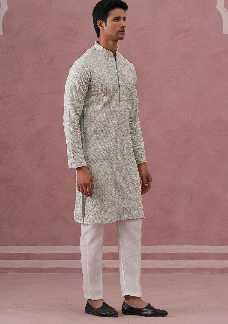 Sky Blue Embroidery Viscose Kurta Pyjama Set For Men - Indya