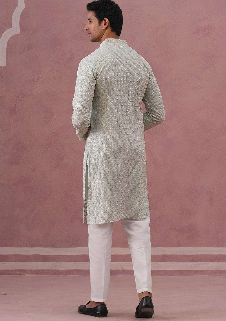 Sky Blue Embroidery Viscose Kurta Pyjama Set For Men - Indya
