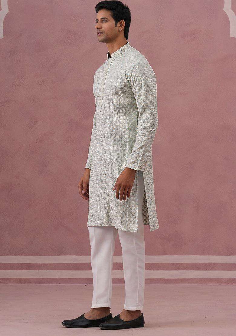 Sky Blue Embroidery Viscose Kurta Pyjama Set For Men - Indya