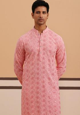 Peach Embroidery Viscose Kurta Pyjama Set For Men