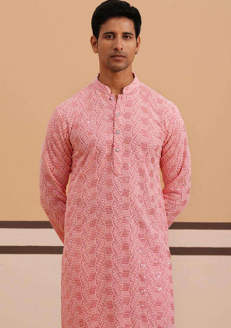 Peach Embroidery Viscose Kurta Pyjama Set For Men - Indya