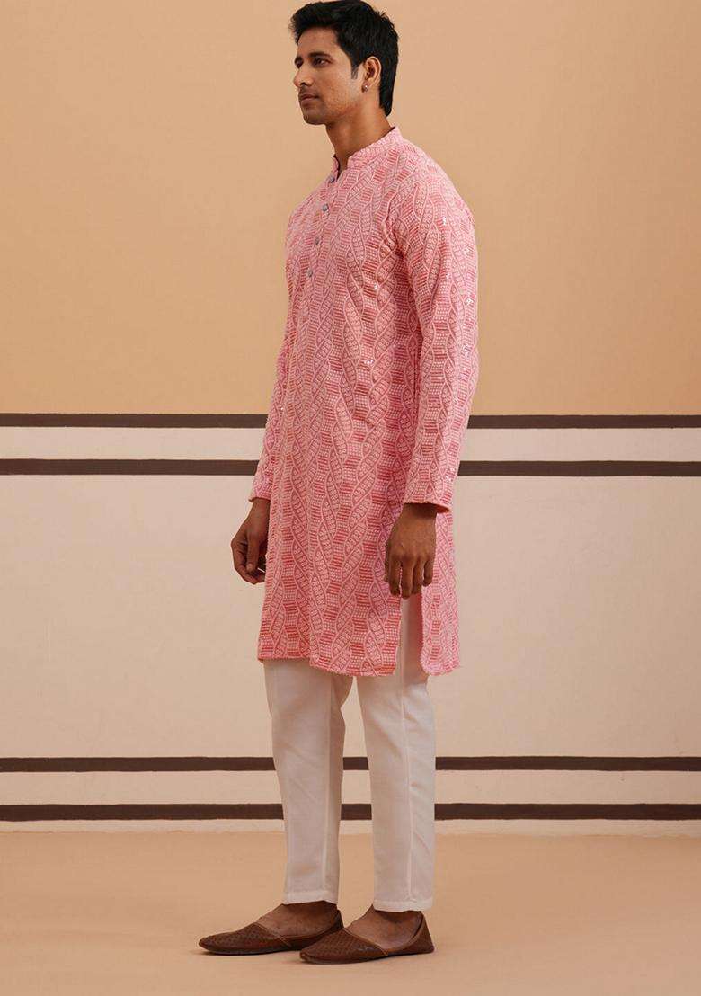 Peach Embroidery Viscose Kurta Pyjama Set For Men - Indya