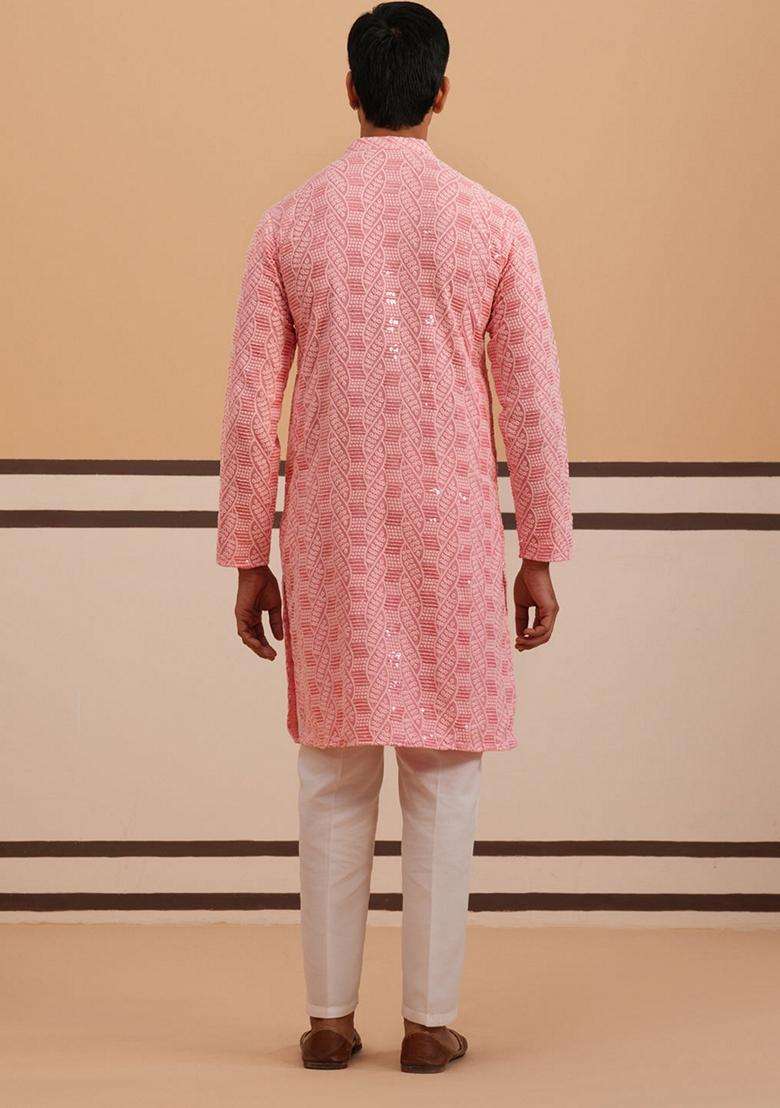 Peach Embroidery Viscose Kurta Pyjama Set For Men - Indya