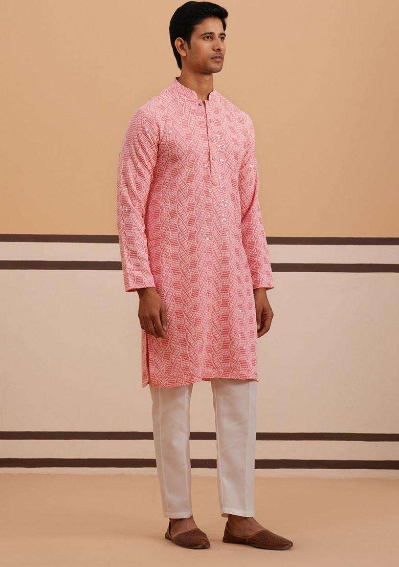 Peach Embroidery Viscose Kurta Pyjama Set For Men - Indya