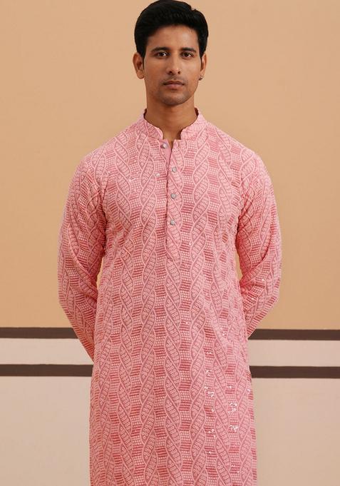 Peach Embroidery Viscose Kurta Pyjama Set For Men