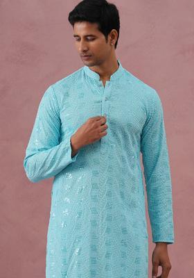 Sky Blue Embroidery Viscose Kurta Pyjama Set For Men