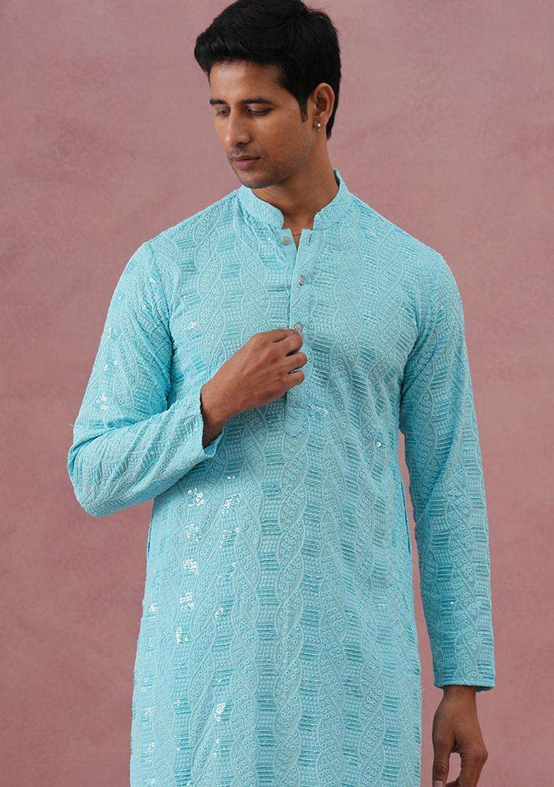 Sky Blue Embroidery Viscose Kurta Pyjama Set For Men - Indya