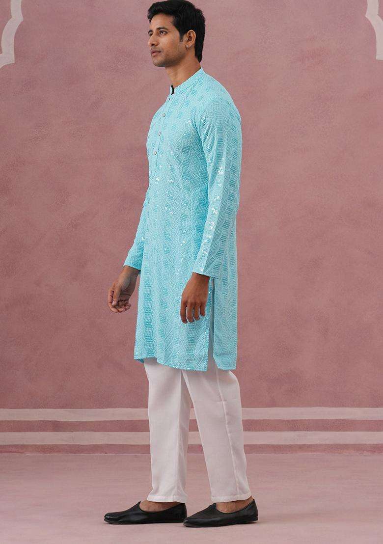 Sky Blue Embroidery Viscose Kurta Pyjama Set For Men - Indya