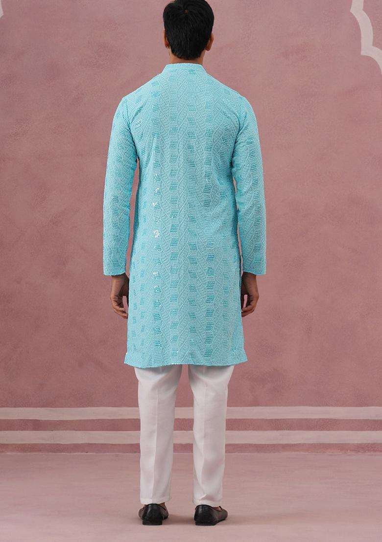 Sky Blue Embroidery Viscose Kurta Pyjama Set For Men - Indya