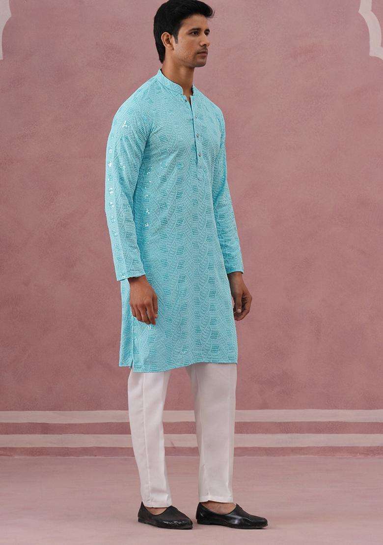 Sky Blue Embroidery Viscose Kurta Pyjama Set For Men - Indya